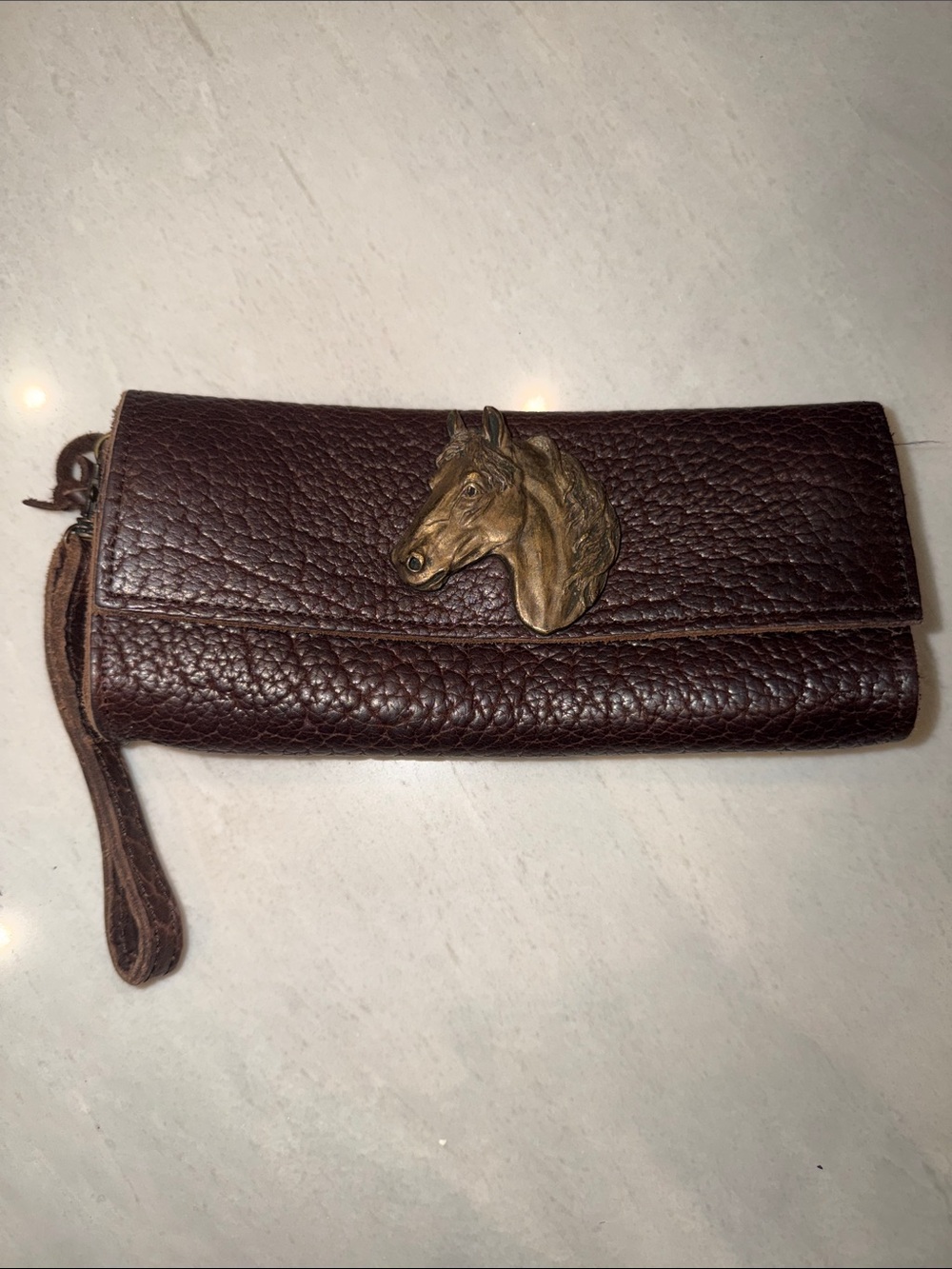 Vintage Brown Leather Horse-Emblem Wristlet Wallet
